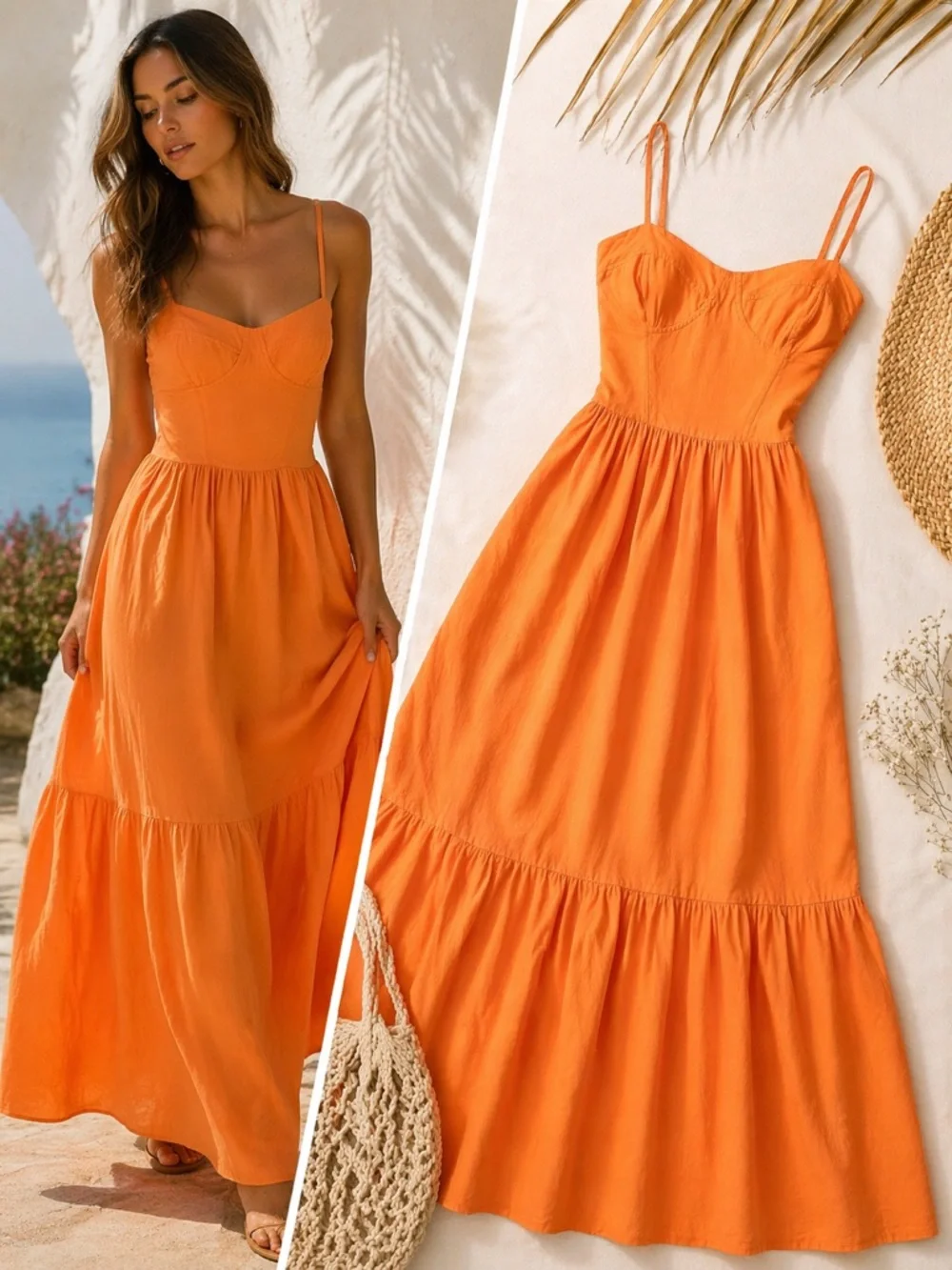 YFB Orange Linen Blend Smocked Bustier Maxi Dress Small Summer Vacation - Picture 11 of 11